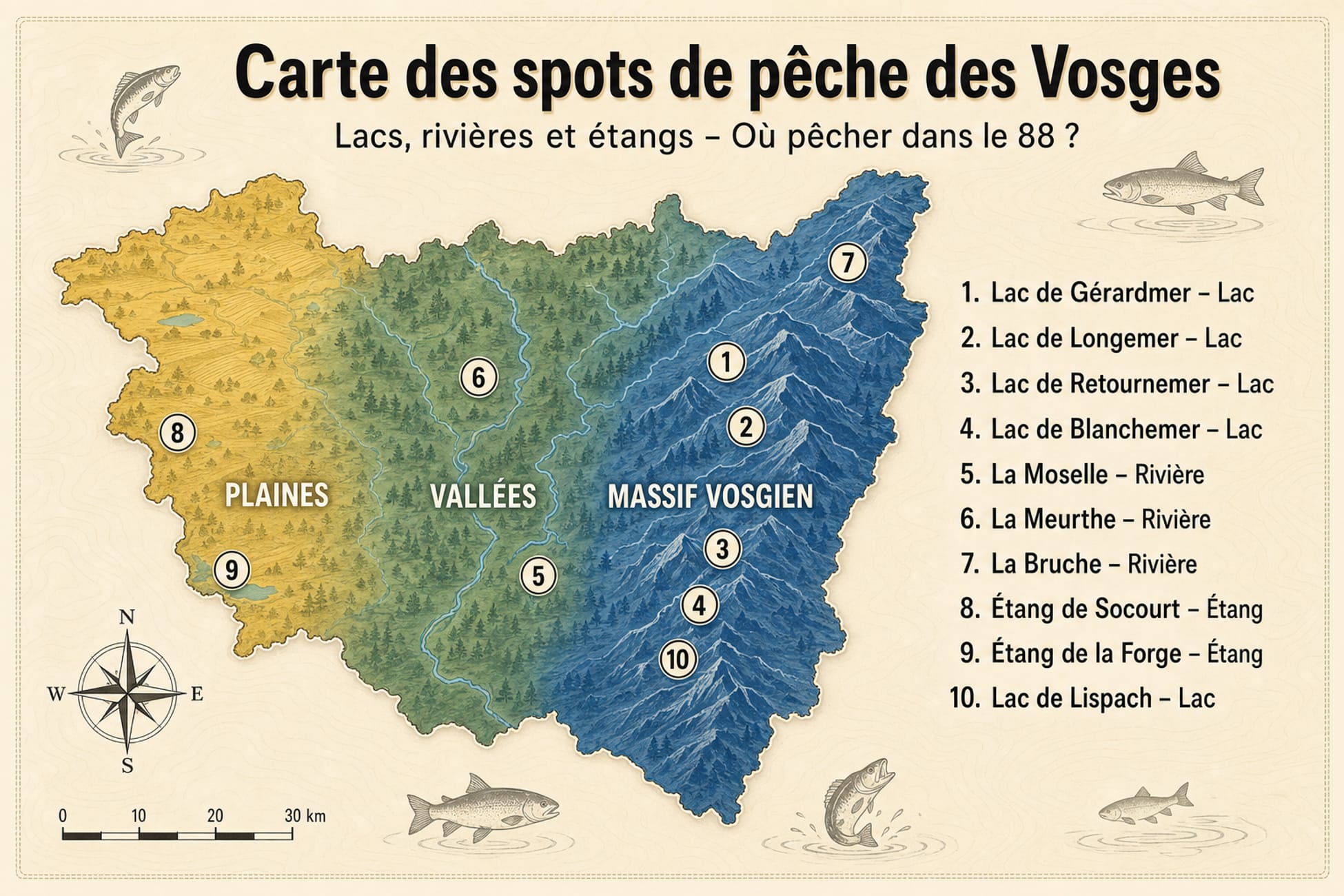 Carte des spots de pêche Vosges 2026