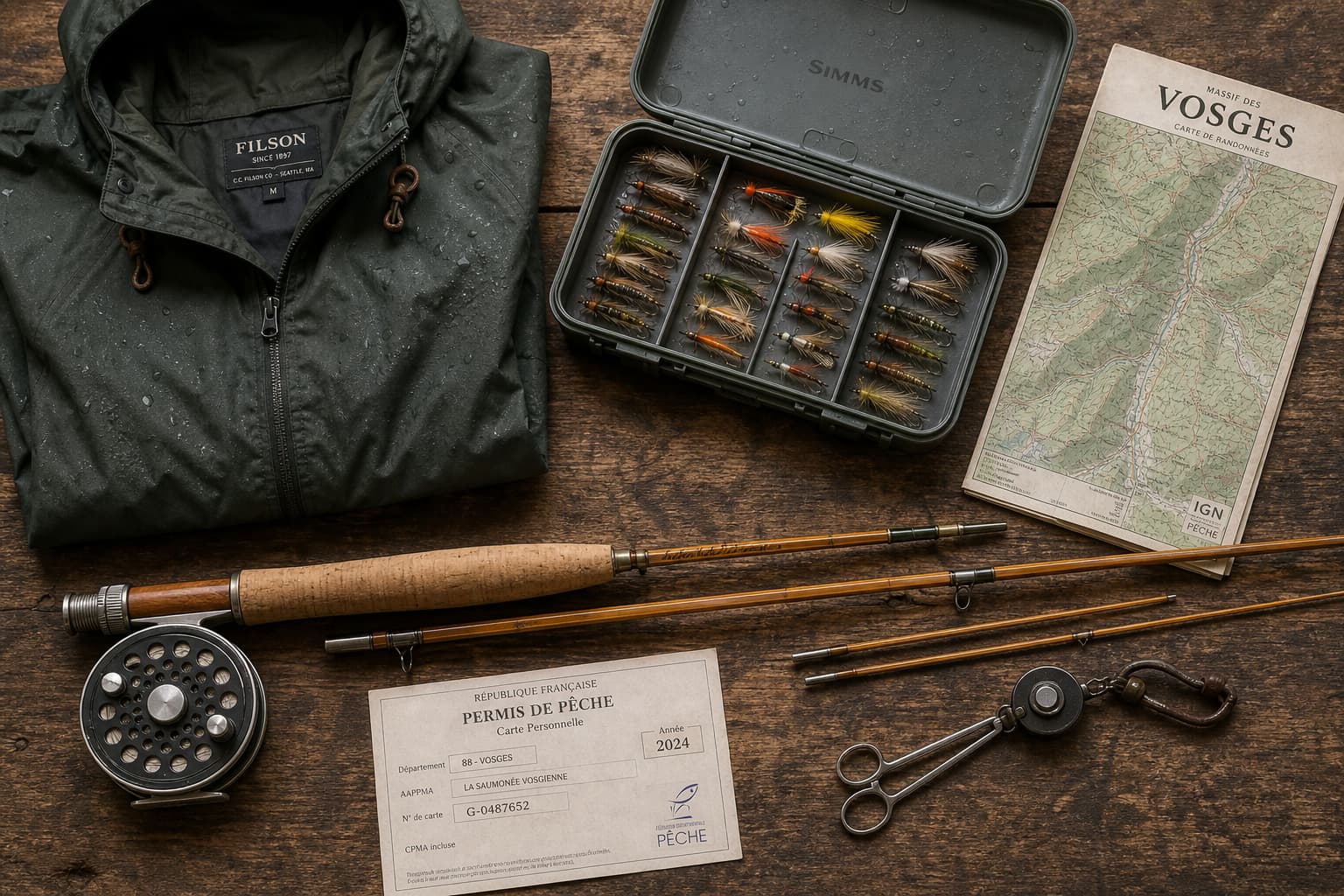 Équipement de pêche Vosges organisé à plat