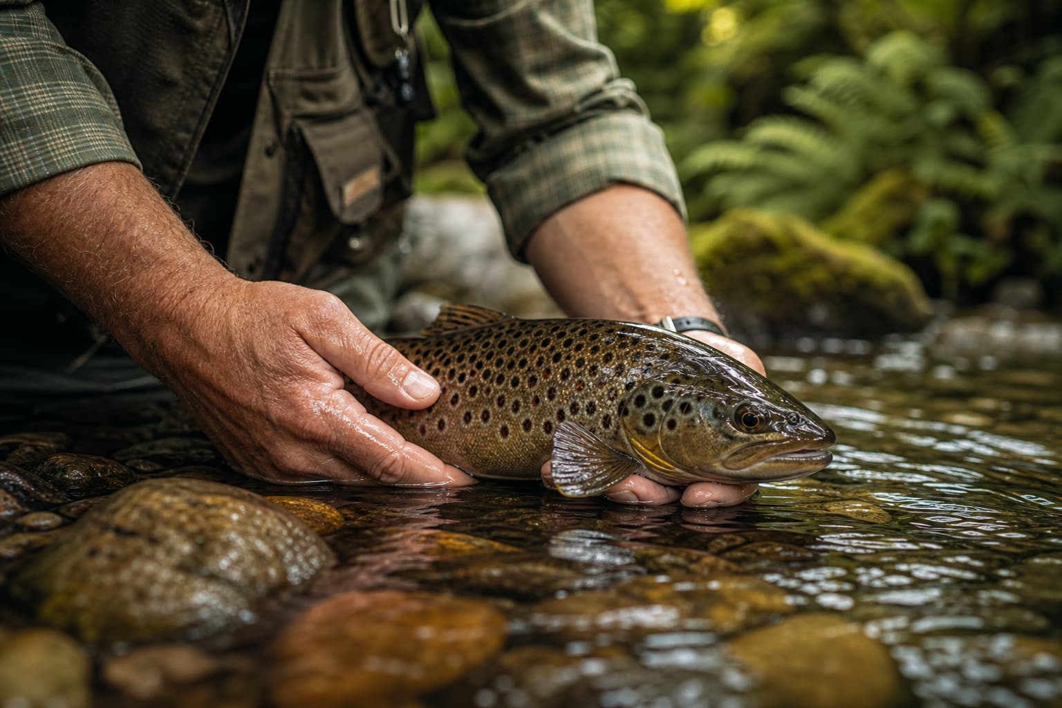 Pêcheur relâchant une truite dans une rivière Vosges