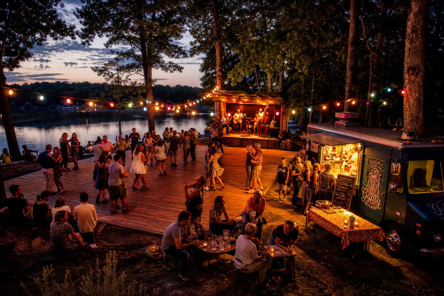 Couples dansant au crépuscule sur une piste de danse en bois au bord d