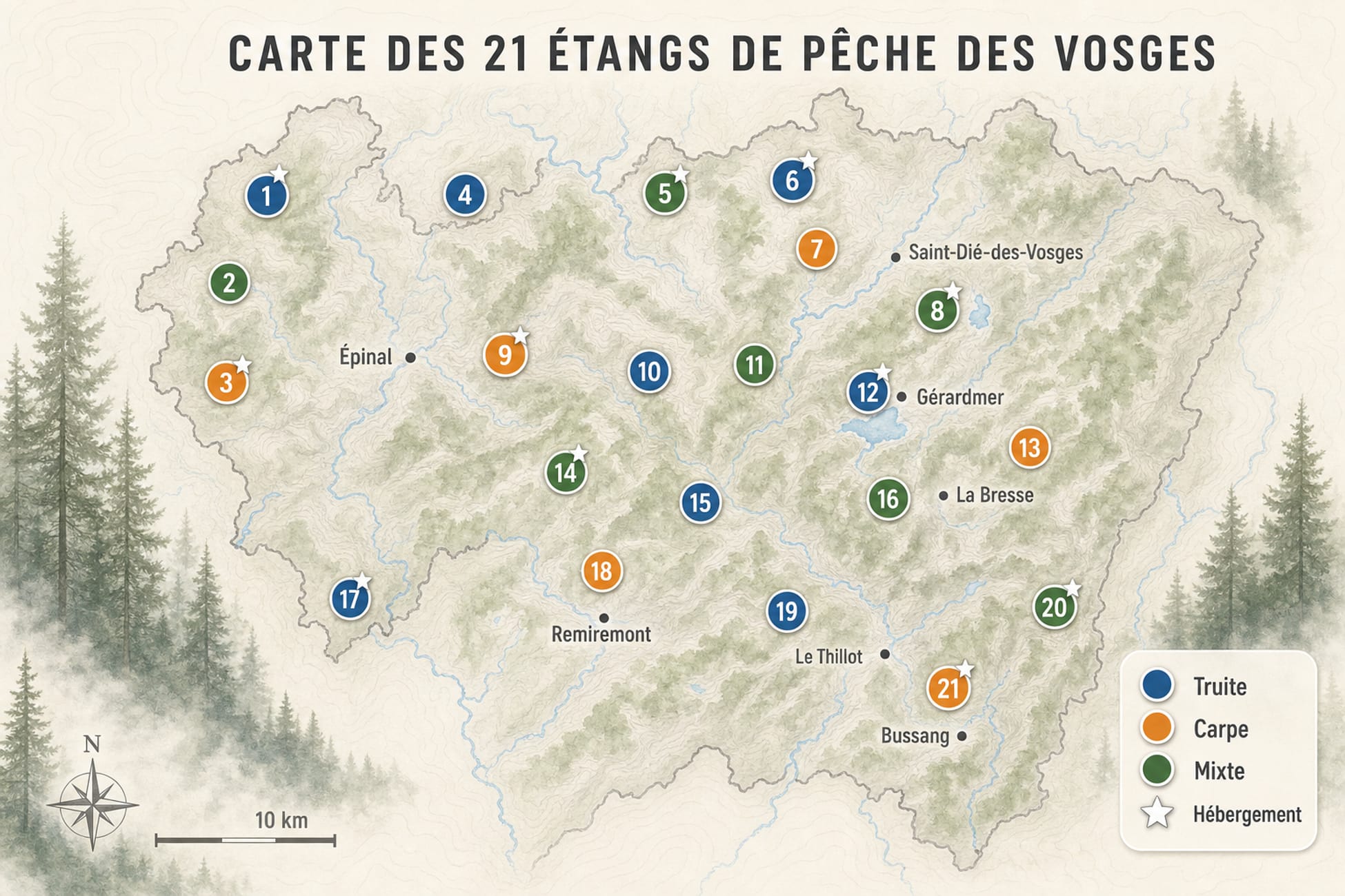 Carte géographique des 21 étangs de pêche dans les Vosges avec légende des espèces et hébergements