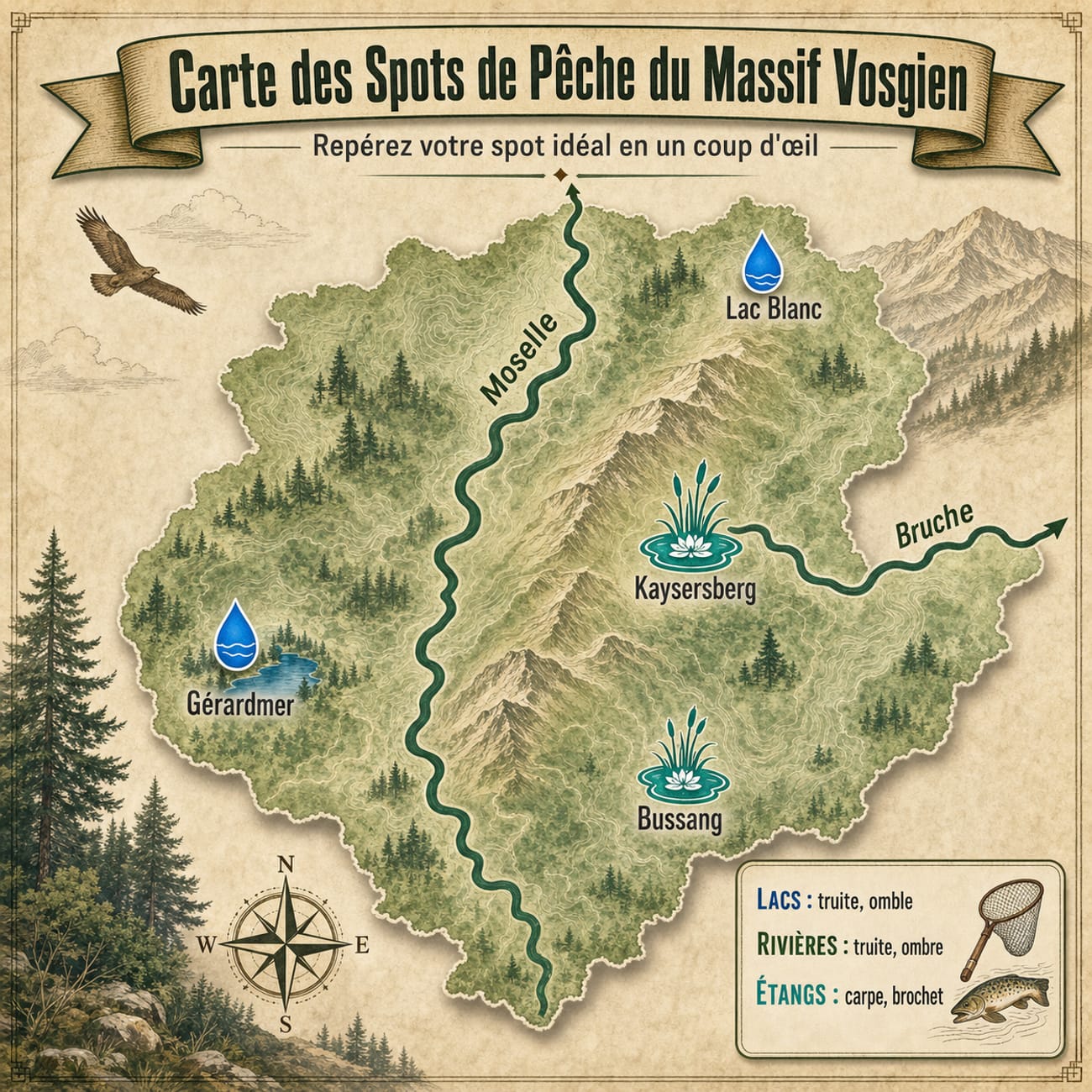 Carte des meilleurs spots de pêche du massif vosgien
