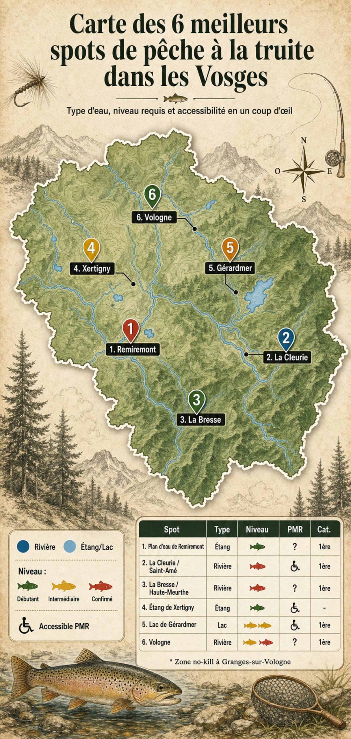 Carte des spots de pêche à la truite dans les Vosges