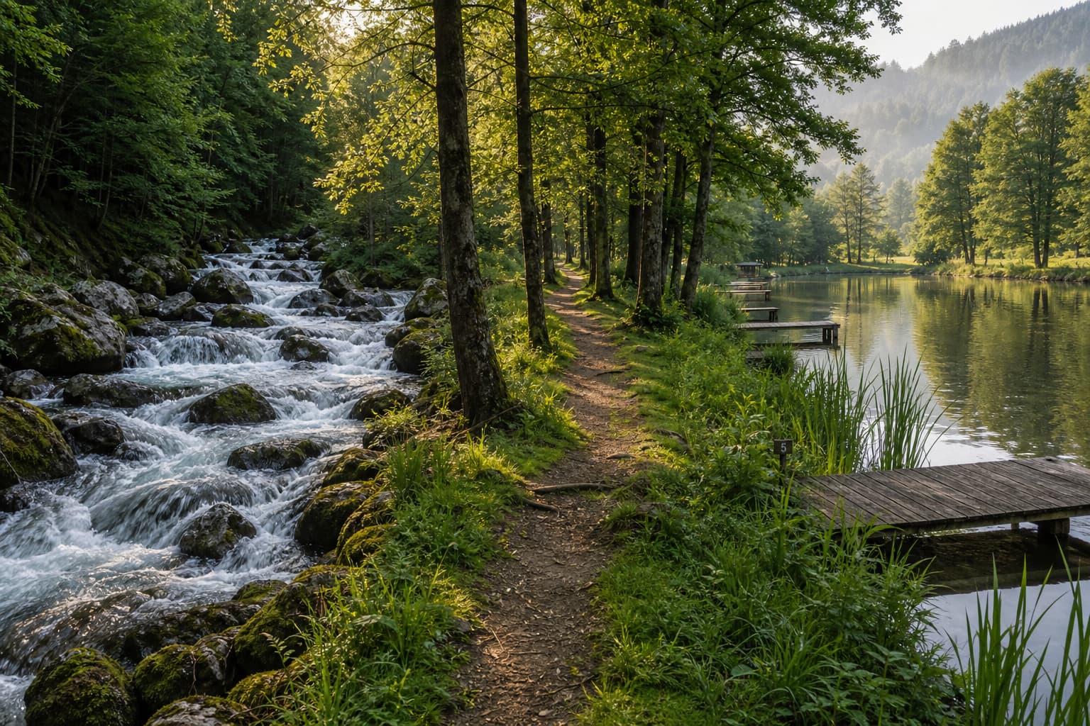 Comparaison entre une rivière vosgienne aux eaux claires coulant sur des rapides et un étang de pêche calme avec pontons en bois et roseaux, reliés par un sentier forestier sous la lumière du soleil filtrant à travers les arbres.