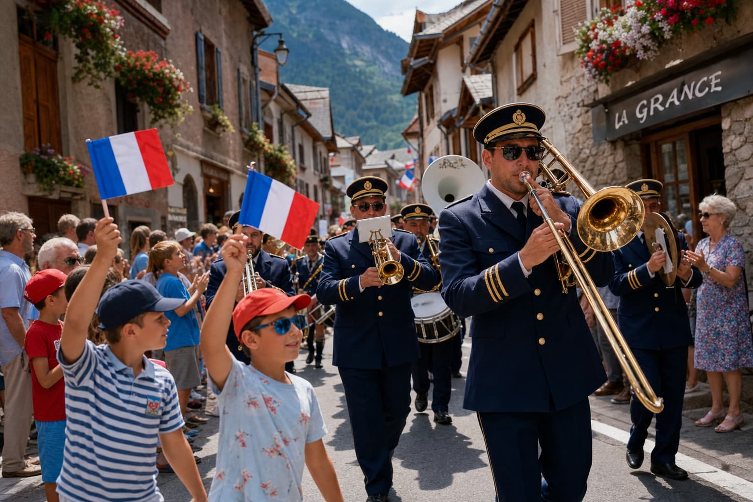 Des enfants agitant des drapeaux tricolores et une fanfare défilent dans la rue étroite d