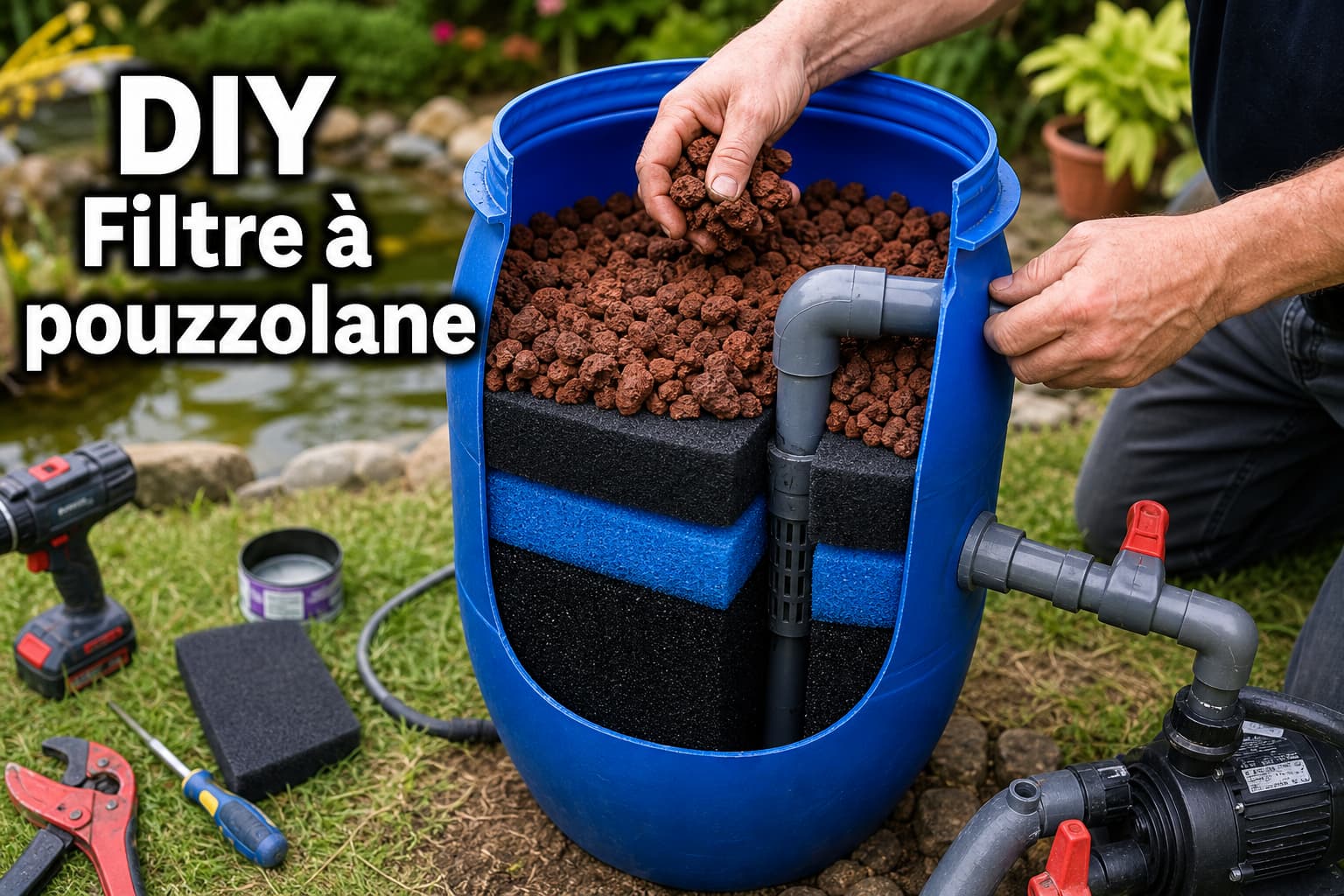 Une personne fabrique un filtre de bassin avec un baril bleu, de la pouzzolane rouge, de la mousse, des tuyaux PVC et une pompe, dans un jardin, avec le texte superposé