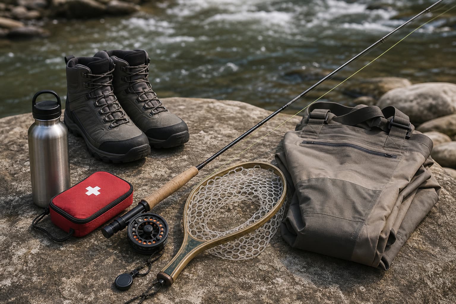 Équipement de pêche à la truite disposé sur une berge vosgienne