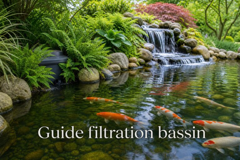 Bassin de jardin idyllique avec carpes koï nageant dans une eau cristalline, un filtre de bassin discret partiellement caché parmi les fougères et les rochers, une petite cascade, et le texte superposé 'Guide filtration bassin'.