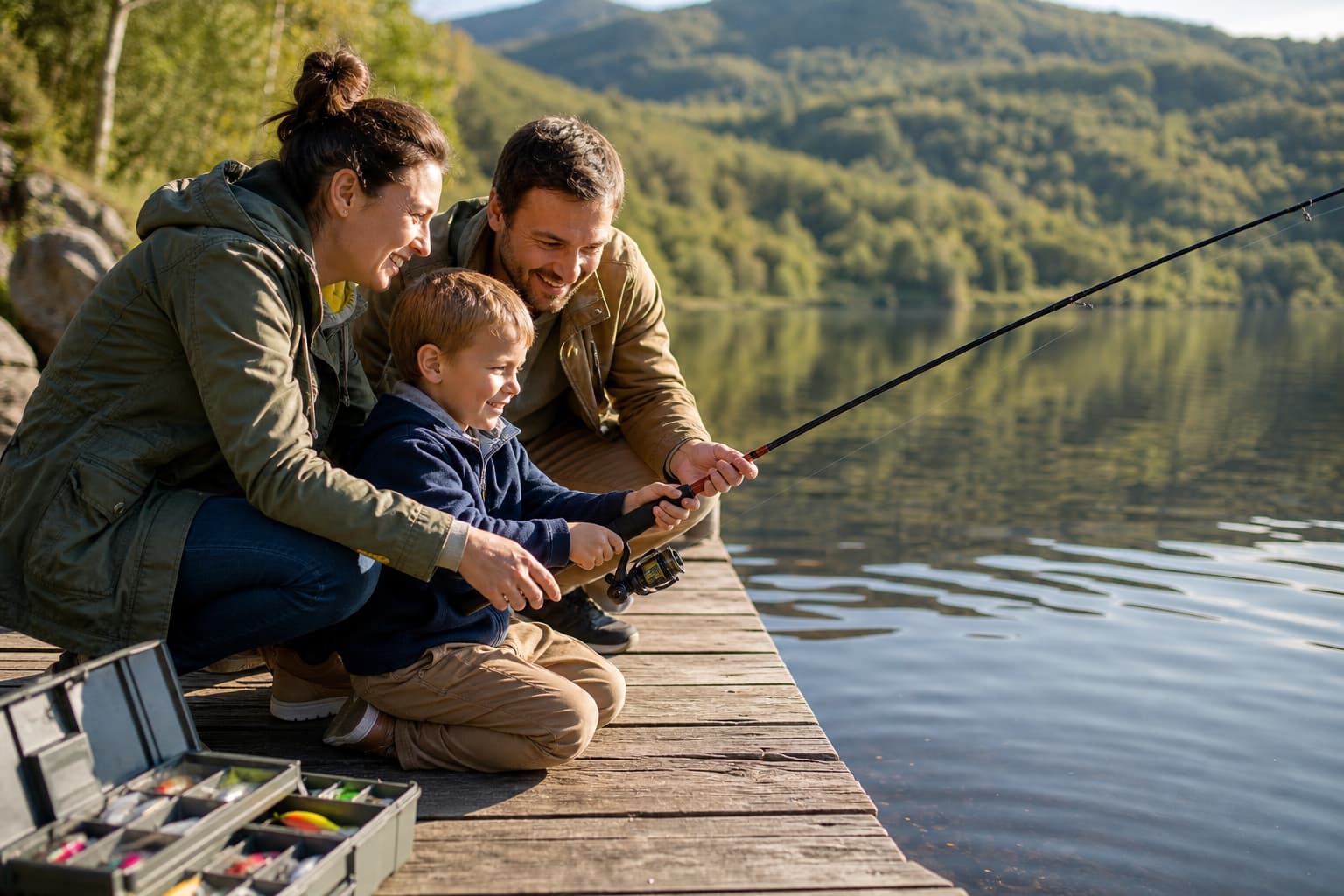 Une jeune famille apprend à pêcher au bord d