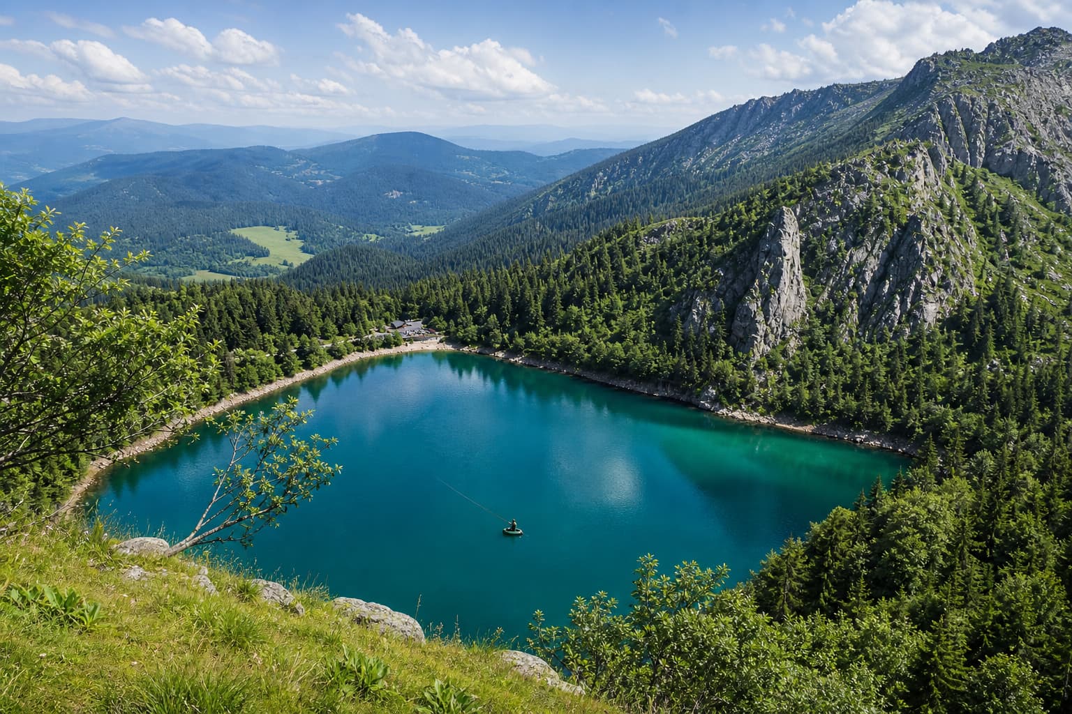 Pêcheur en float tube sur un lac alpin turquoise dans les Vosges