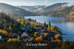 Vue aérienne du lac de Gérardmer en automne, entouré de forêts vosgiennes aux reflets dorés, avec des petits bateaux en bois le long de la rive, des sommets brumeux en fond et le texte 'Gérardmer' superposé en bas.