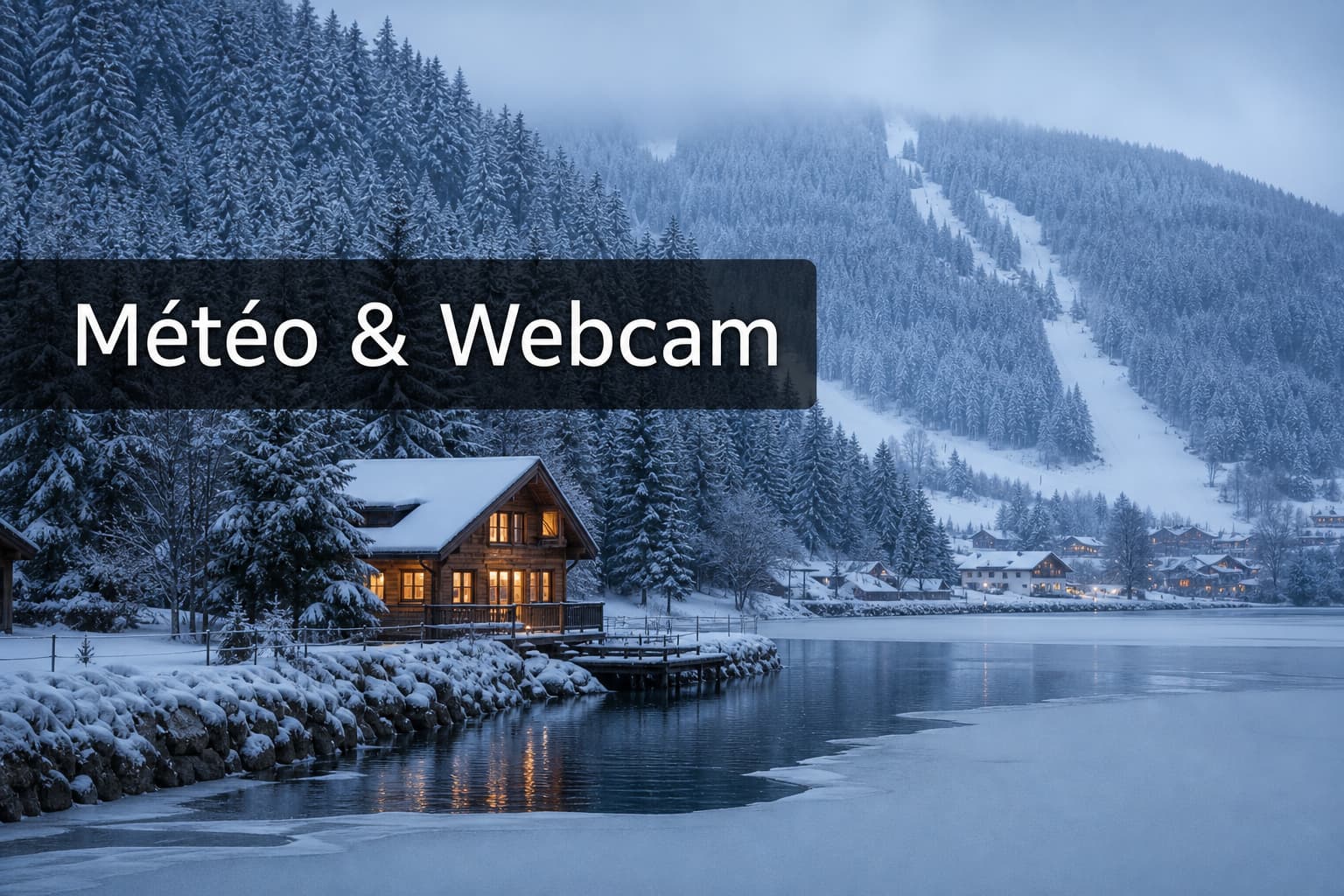 Paysage hivernal du lac de Gérardmer avec des pins enneigés, une glace partielle sur le lac, des pistes de ski en arrière-plan et un chalet illuminé, sous une lumière bleutée.