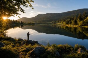 Lac alpin serein dans les Vosges à l'heure dorée, eau calme réfléchissante entourée de forêts vertes et collines, silhouette d'un pêcheur sur la rive lançant sa ligne, lumière solaire douce créant de longues ombres.