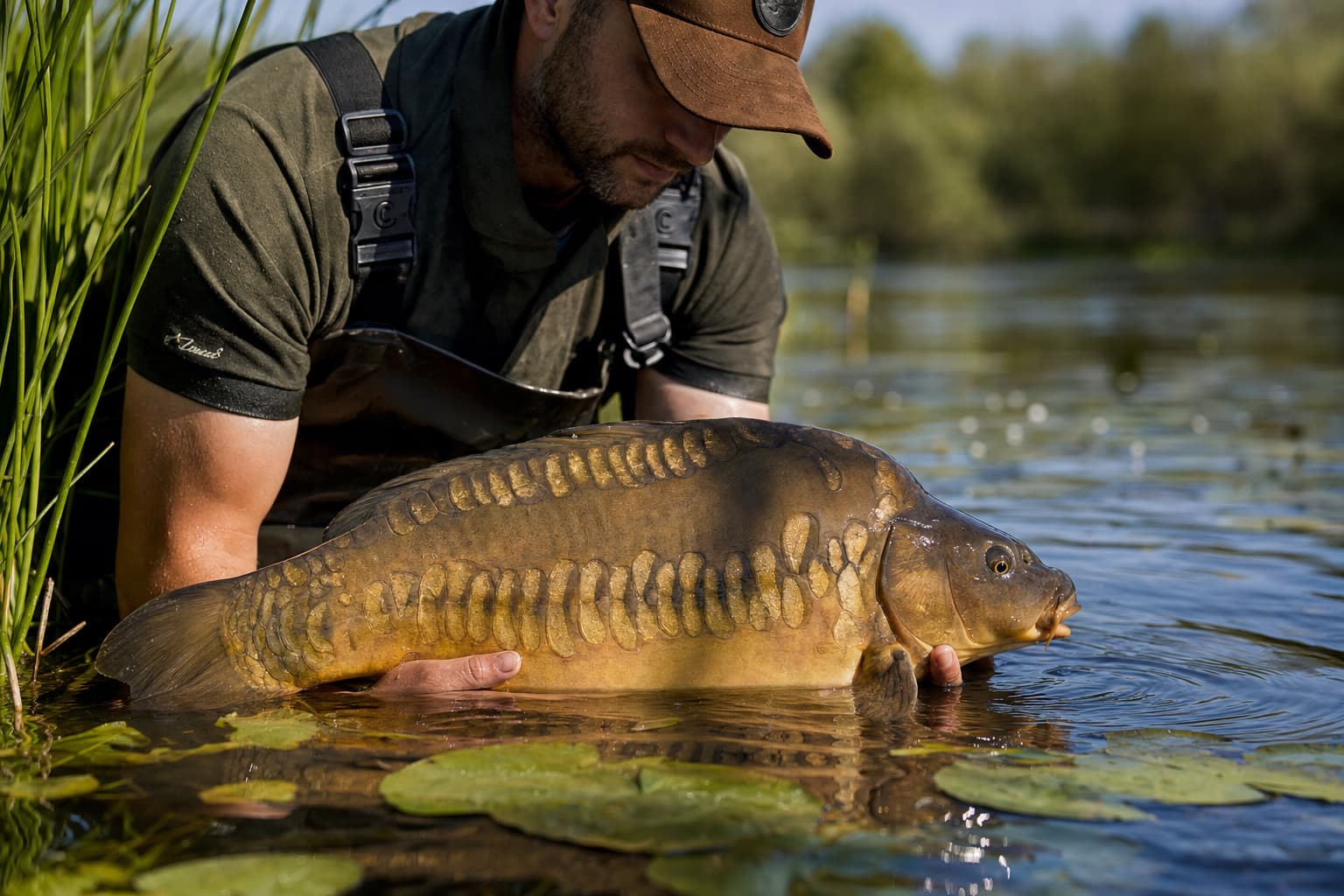 Un pêcheur en waders relâche délicatement une grande carpe miroir dans un étang entouré de roseaux et de nénuphars, la lumière chaude de l