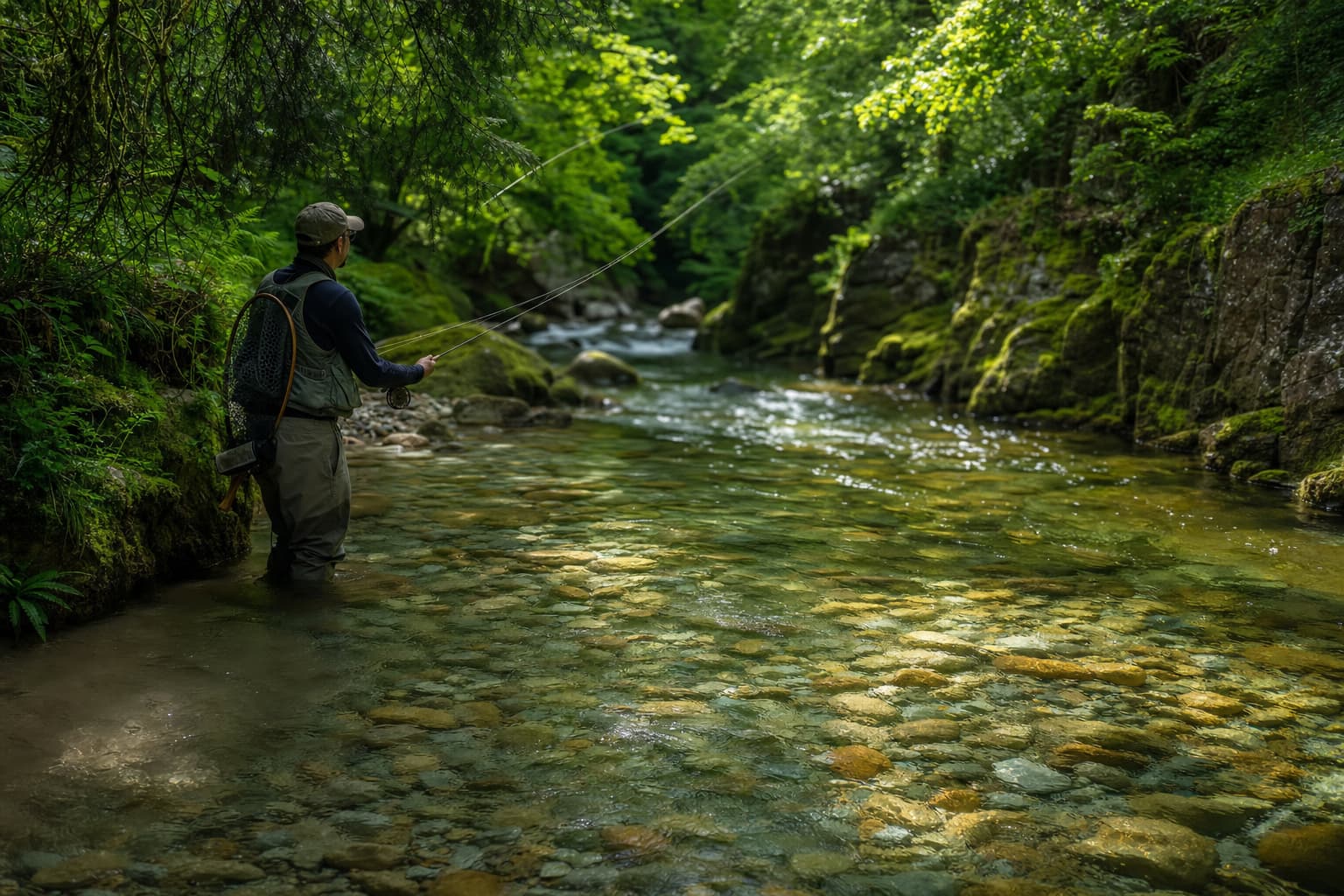 Pêcheur à la mouche dans une rivière cristalline de montagne vosgienne