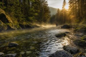 Scène matinale paisible au bord d'une rivière à truites dans les Vosges, avec brume, forêts de pins et un pêcheur à la mouche en silhouette.