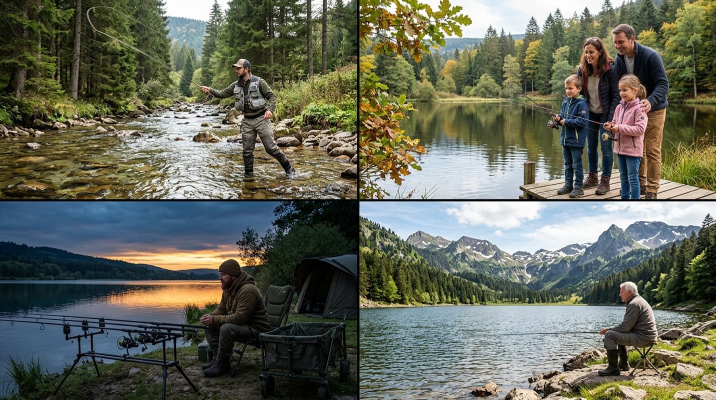 Une composition divisée montrant quatre scènes de pêche dans les Vosges : pêche à la mouche en ruisseau cristallin, famille autour d