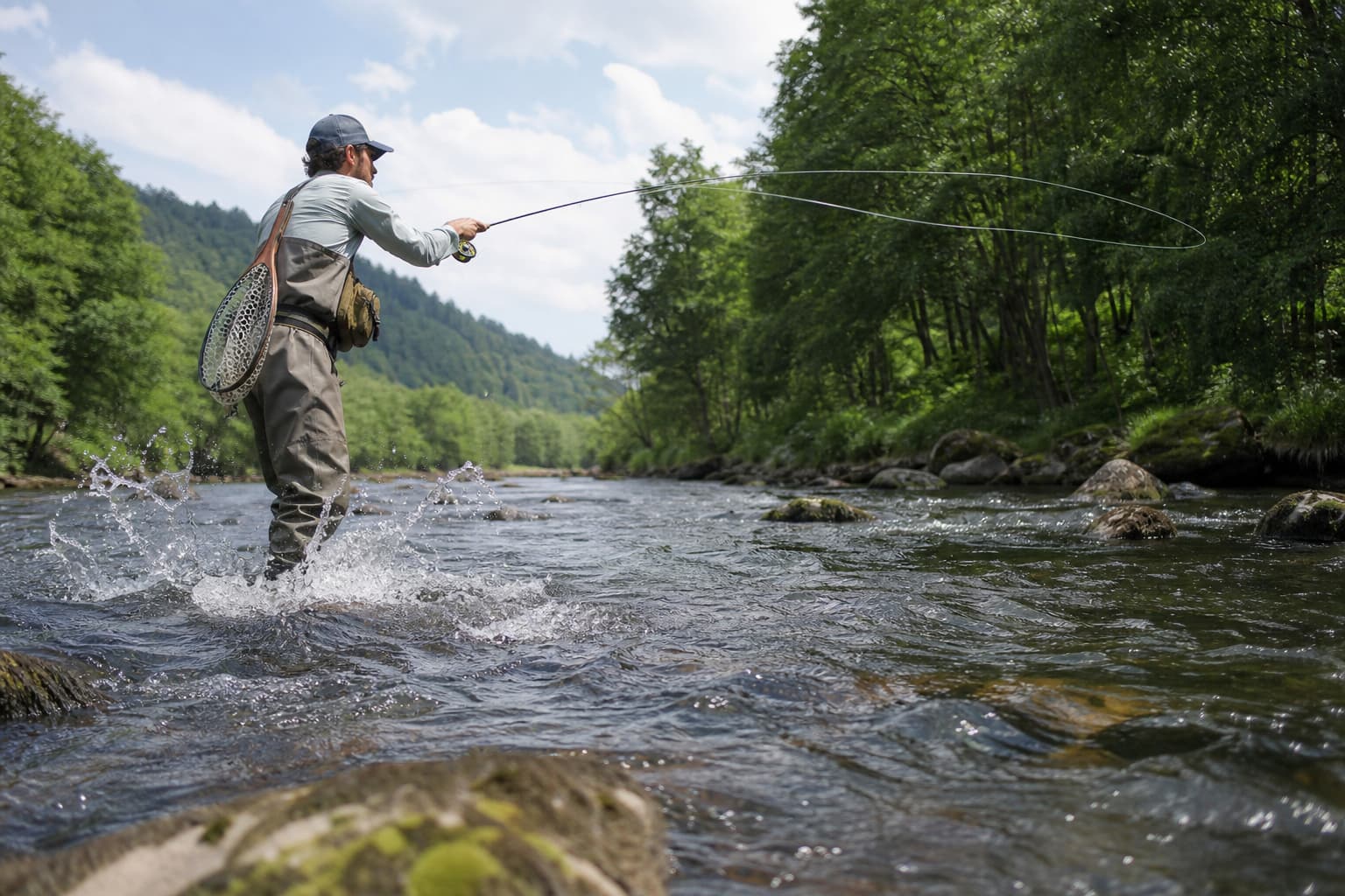 Un pêcheur à la mouche en cuissardes avance dans un ruisseau de montagne clair, entouré de rochers moussus et de fougères, avec des éclaboussures d