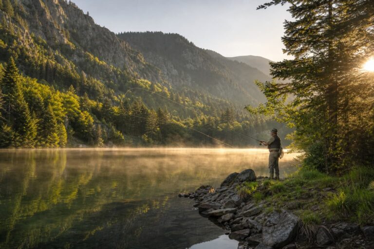 Un lac de montagne vosgien à l'aube, de la brume s'élevant de l'eau émeraude entourée de forêts denses et de pentes rocheuses, avec un pêcheur à la mouche sur la rive éclairé par une lumière dorée.