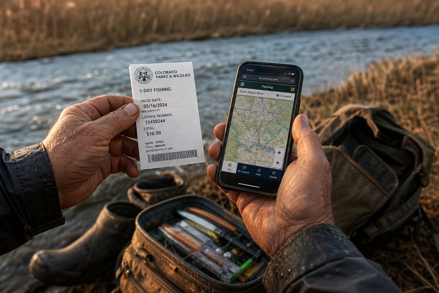 Permis de pêche journalier et téléphone au bord d