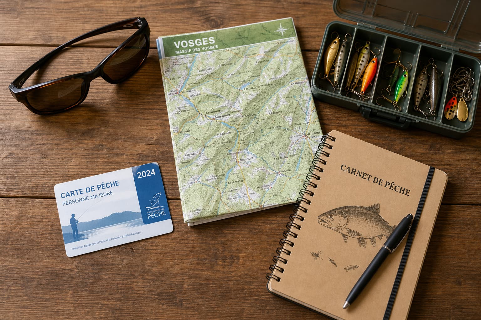 Composition à plat sur une table en bois montrant une carte de permis de pêche française, une carte de la région des Vosges, un carnet de pêche, des lunettes de soleil polarisées et une petite boîte à pêche avec des leurres colorés, sous une lumière naturelle douce venant du dessus, style propre et organisé.