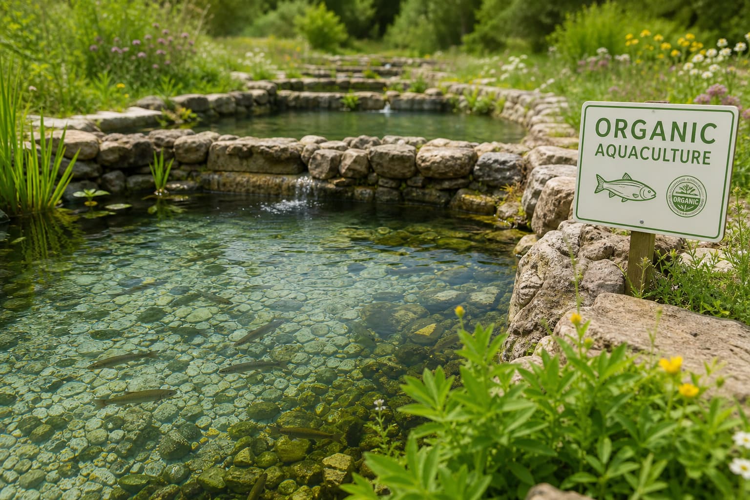 Gros plan sur un bassin de pisciculture biologique avec eau de montagne cristalline circulant dans des canaux en pierre, jeunes truites nageant, plantes aquatiques sur les bords, un panneau de certification biologique discret et des fleurs sauvages environnantes sous une lumière naturelle éclatante.