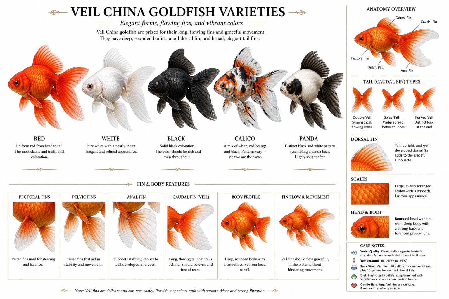 Plusieurs variétés de poisson voile de Chine alignées côte à côte, montrant des motifs rouge, blanc, noir, calico et panda avec des détails en gros plan de leurs nageoires et corps sur fond blanc.