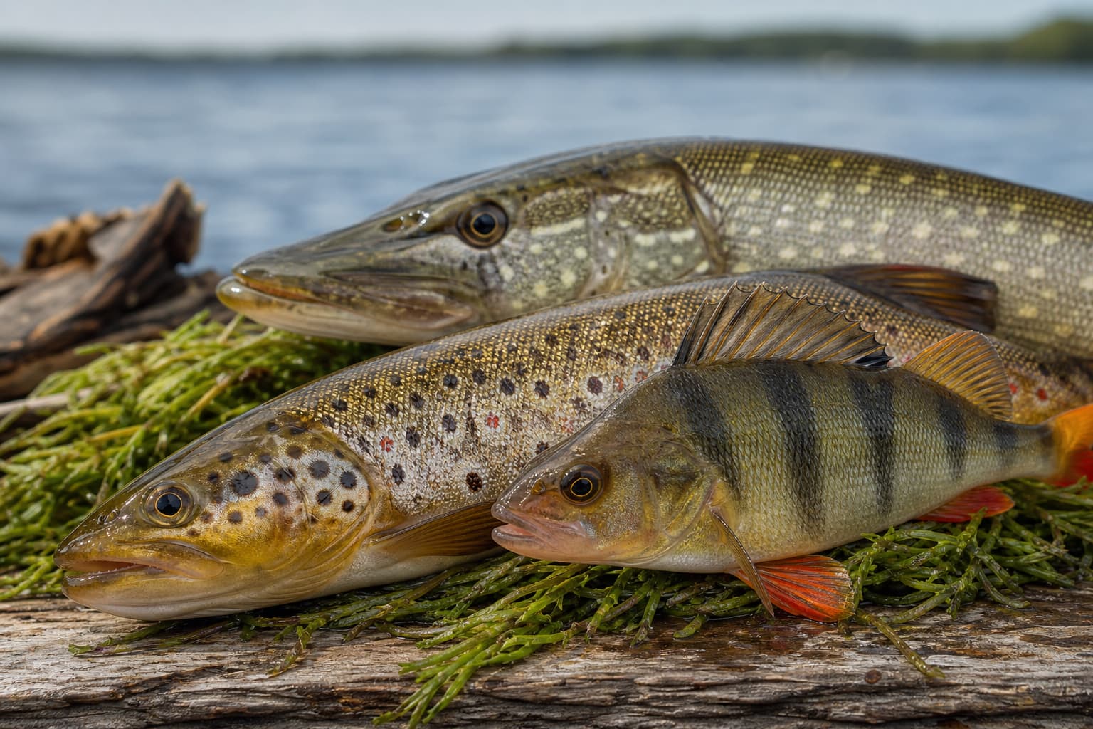 Gros plan sur une composition de poissons frais (truite brune, brochet, perche) sur un plateau en bois rustique entouré de plantes aquatiques, éclairés par une lumière naturelle latérale sur fond de lac flou.