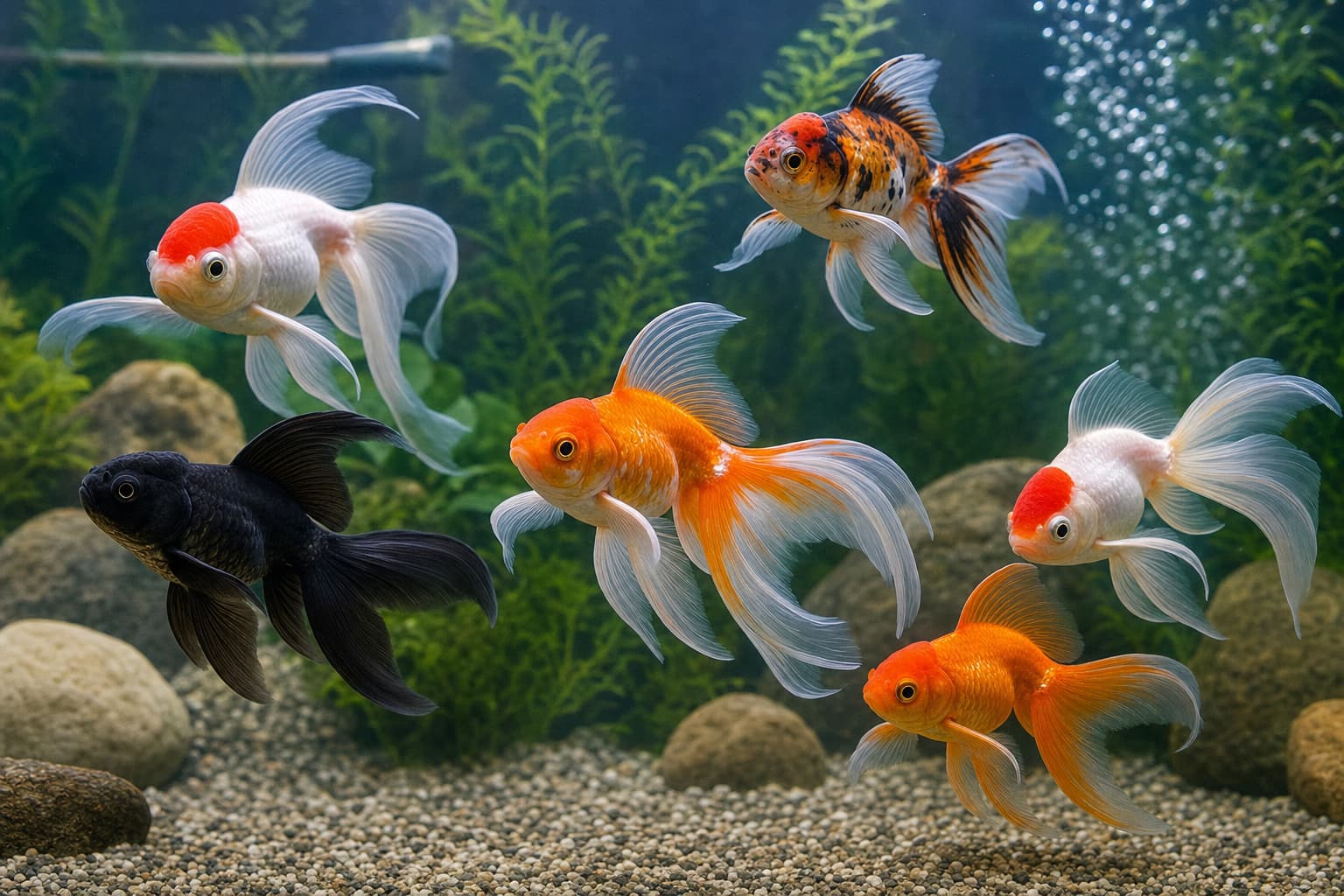 Plusieurs poissons voile de Chine de différentes couleurs nagent ensemble dans un aquarium avec un éclairage doux et un fond flou de roches et de plantes.