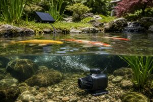 Un bassin de jardin serein avec des carpes koï nageant près de la surface sous une lumière tamisée, un panneau solaire compact sur la berge et une petite pompe brushless moderne reposant sur le fond sous l'eau.