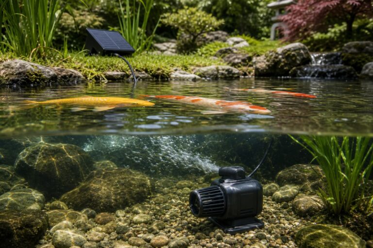Un bassin de jardin serein avec des carpes koï nageant près de la surface sous une lumière tamisée, un panneau solaire compact sur la berge et une petite pompe brushless moderne reposant sur le fond sous l'eau.