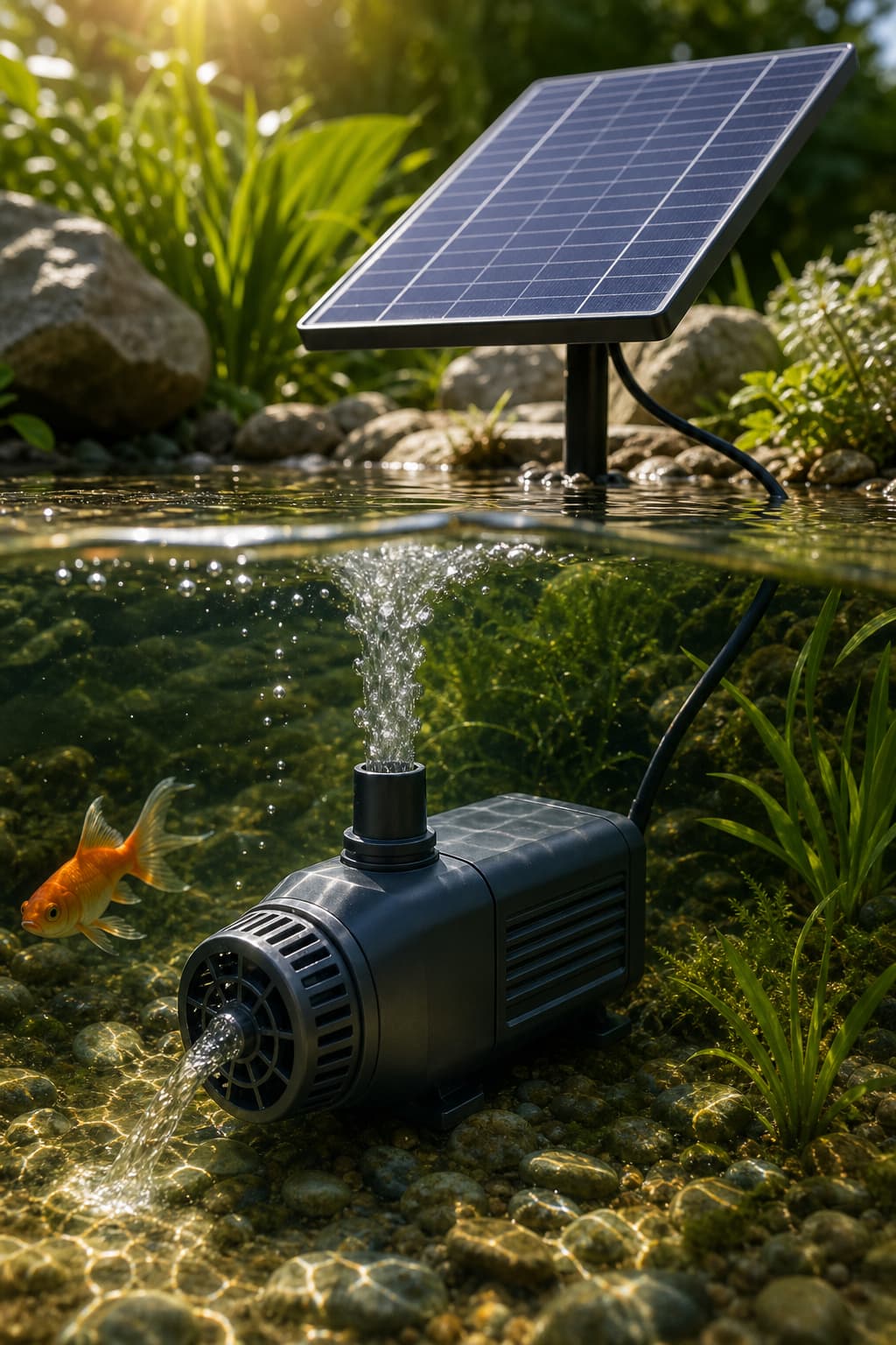 Pompe à eau solaire compacte sans balais immergée dans une eau claire de bassin, entourée de plantes aquatiques vertes et d