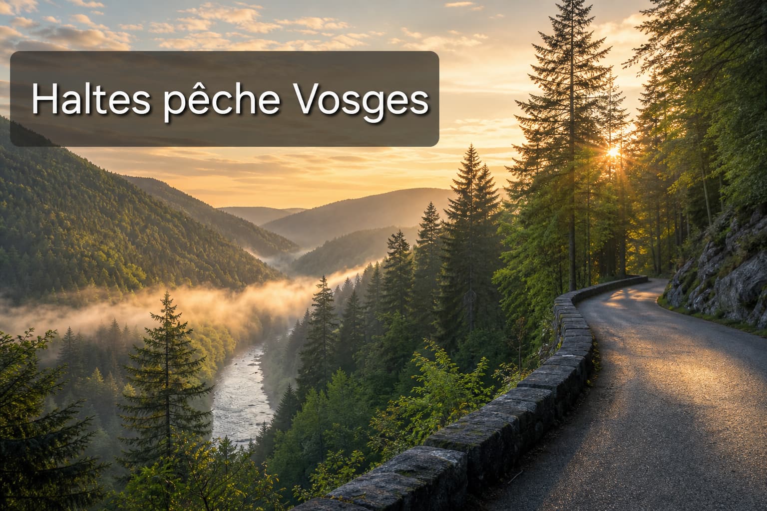 Route sinueuse traversant une forêt de sapins dans les Vosges avec de la brume matinale sur la vallée en contrebas.