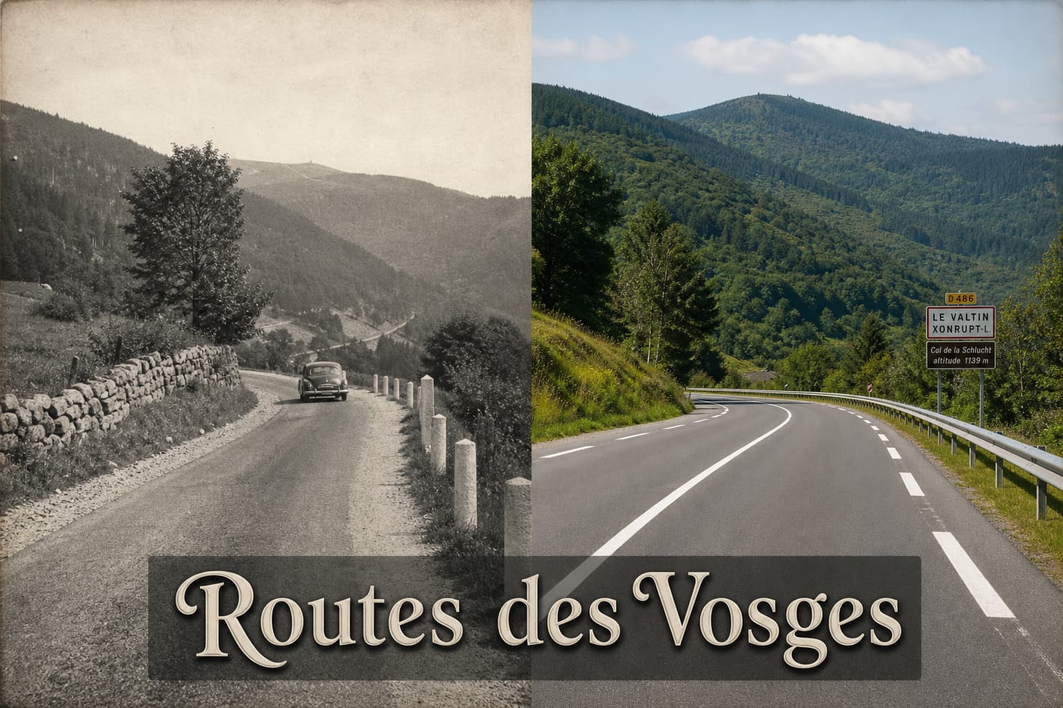 Composition scindée présentant à gauche une route rurale étroite en noir et blanc des années 1950 et à droite la même voie élargie avec des marquages blancs en couleur, surmontée du texte Routes des Vosges sur un bandeau semi-transparent.