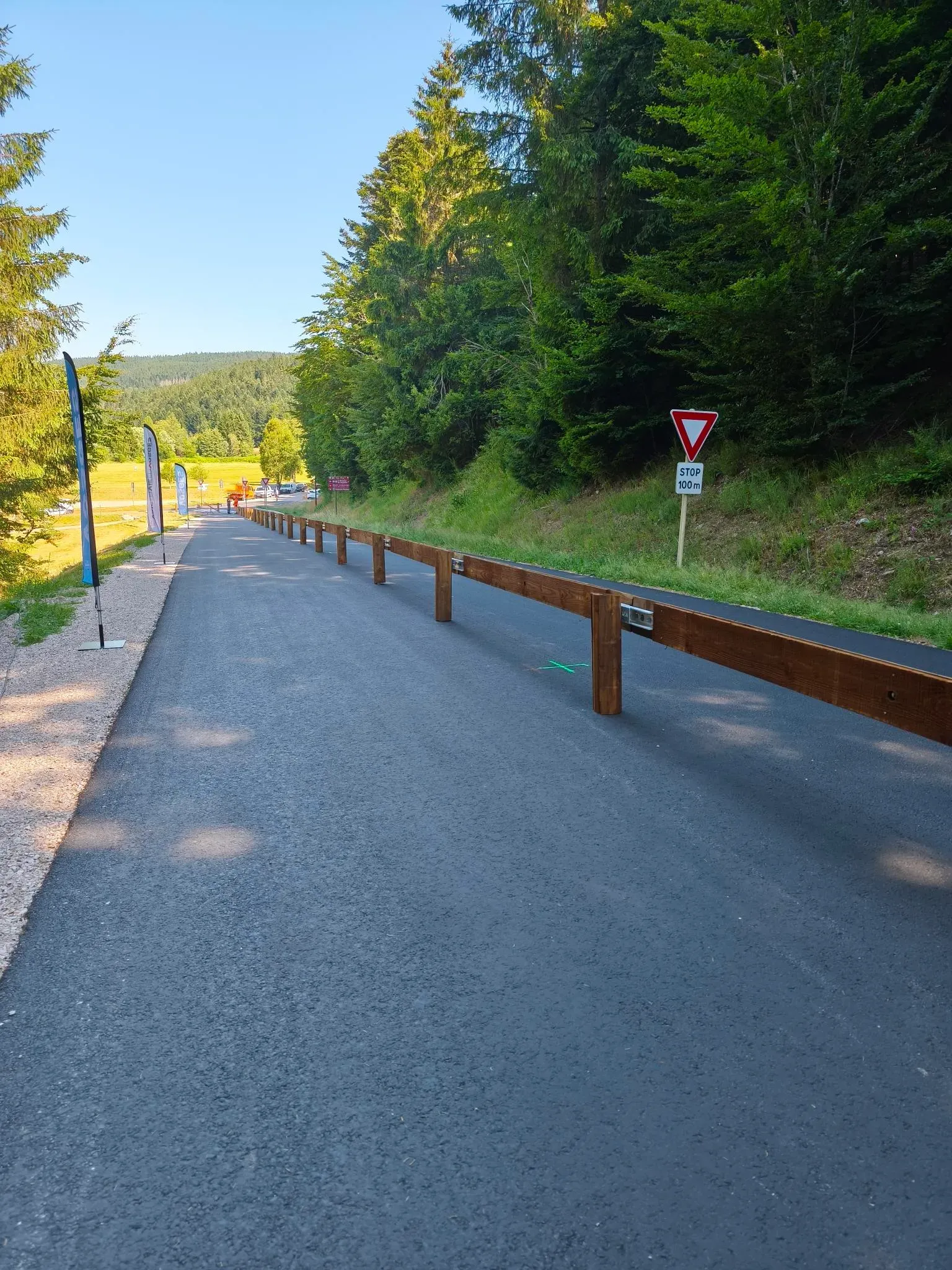 Une piste goudronnée longe le lac de Gérardmer entouré de forêts de pins et des montagnes des Vosges sous un soleil d