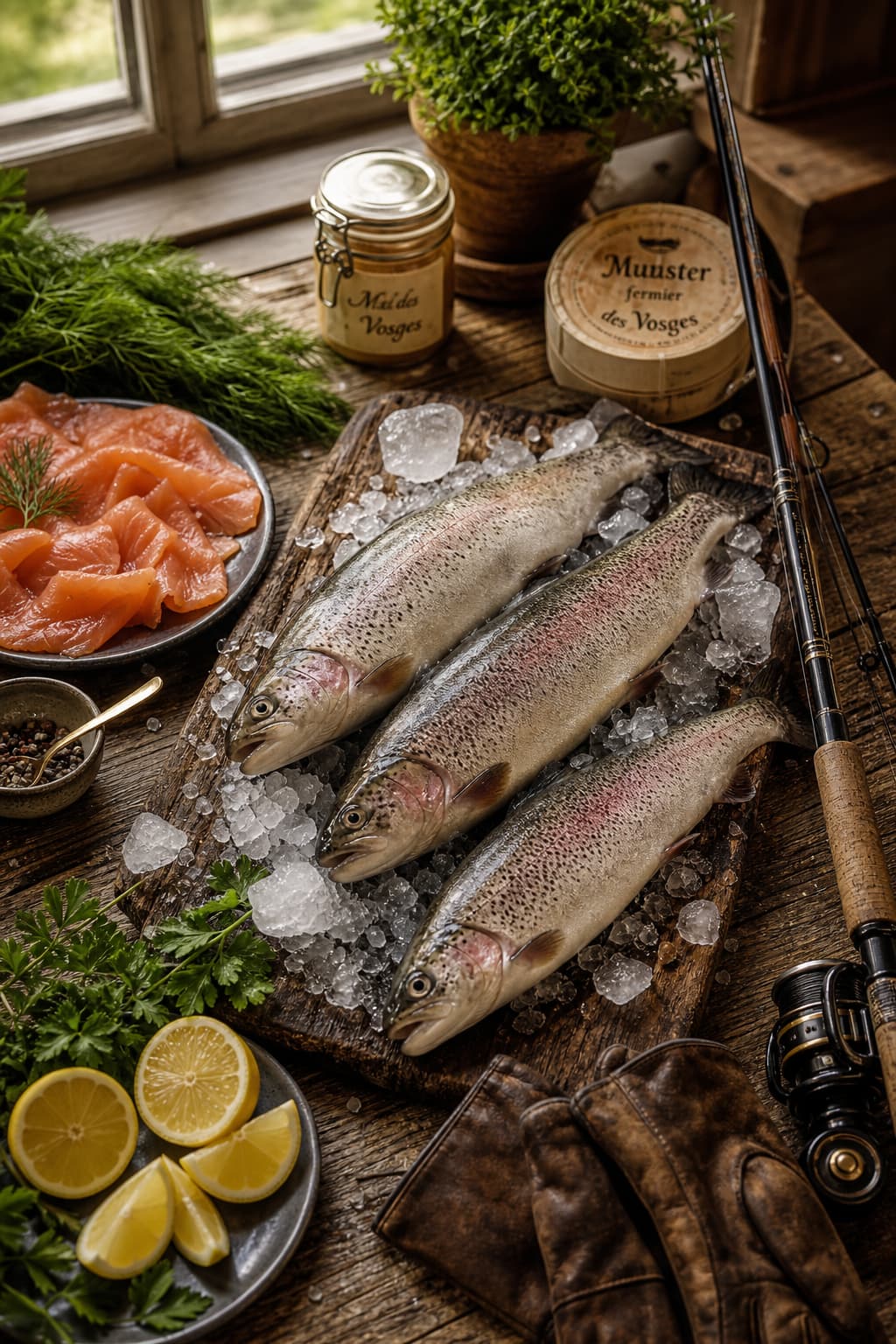 Une table en bois rustique présente des truites arc-en-ciel fraîches sur de la glace pilée, entourées de saumon fumé, de citrons, d