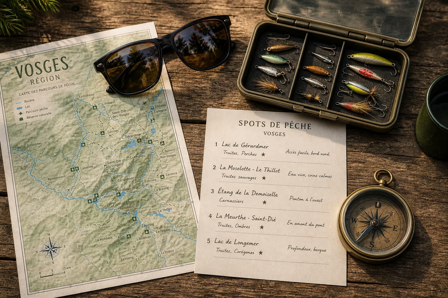 Carte et équipement de pêche disposés sur une table dans les Vosges