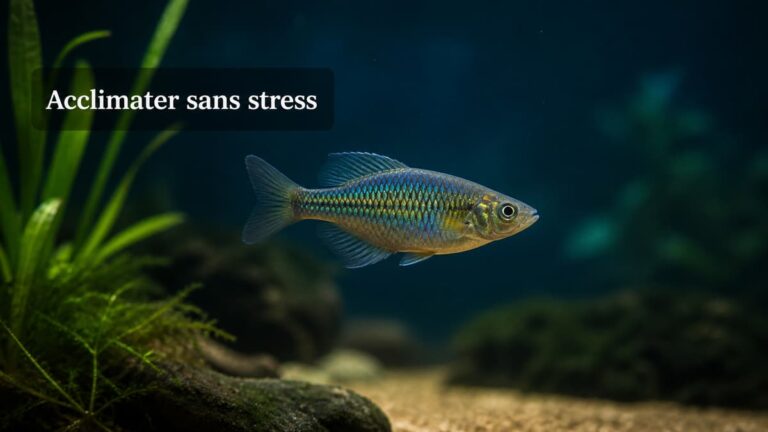 Un poisson nage paisiblement dans un aquarium d'eau douce à l'éclairage tamisé, avec le texte « Acclimater sans stress » affiché en surimpression.