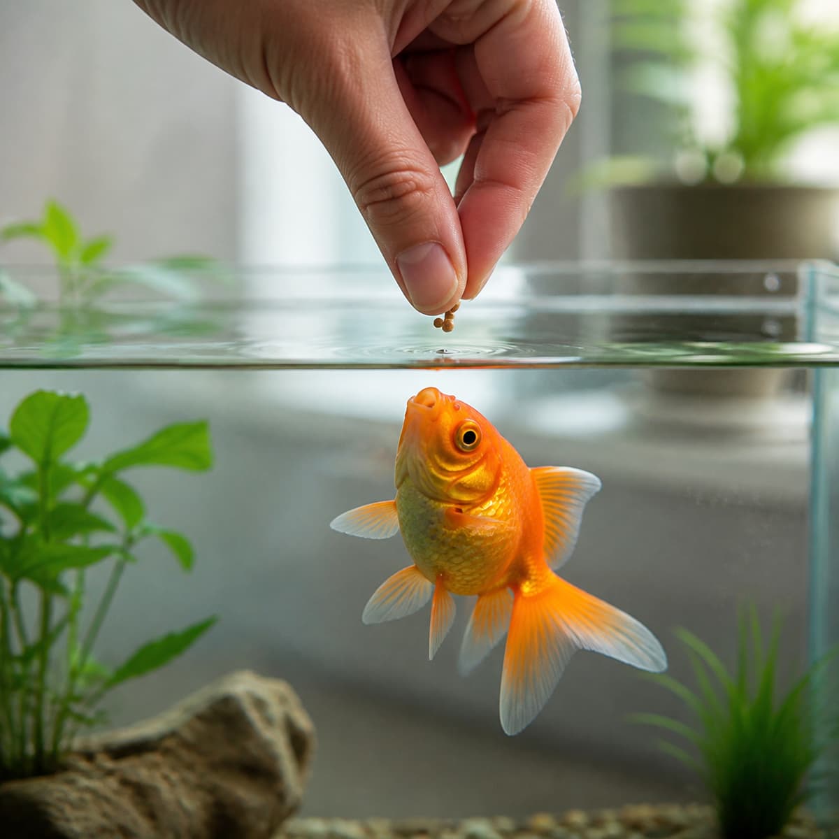 Petite portion de nourriture tenue au-dessus de l'eau claire d'un aquarium devant un poisson rouge attentif.