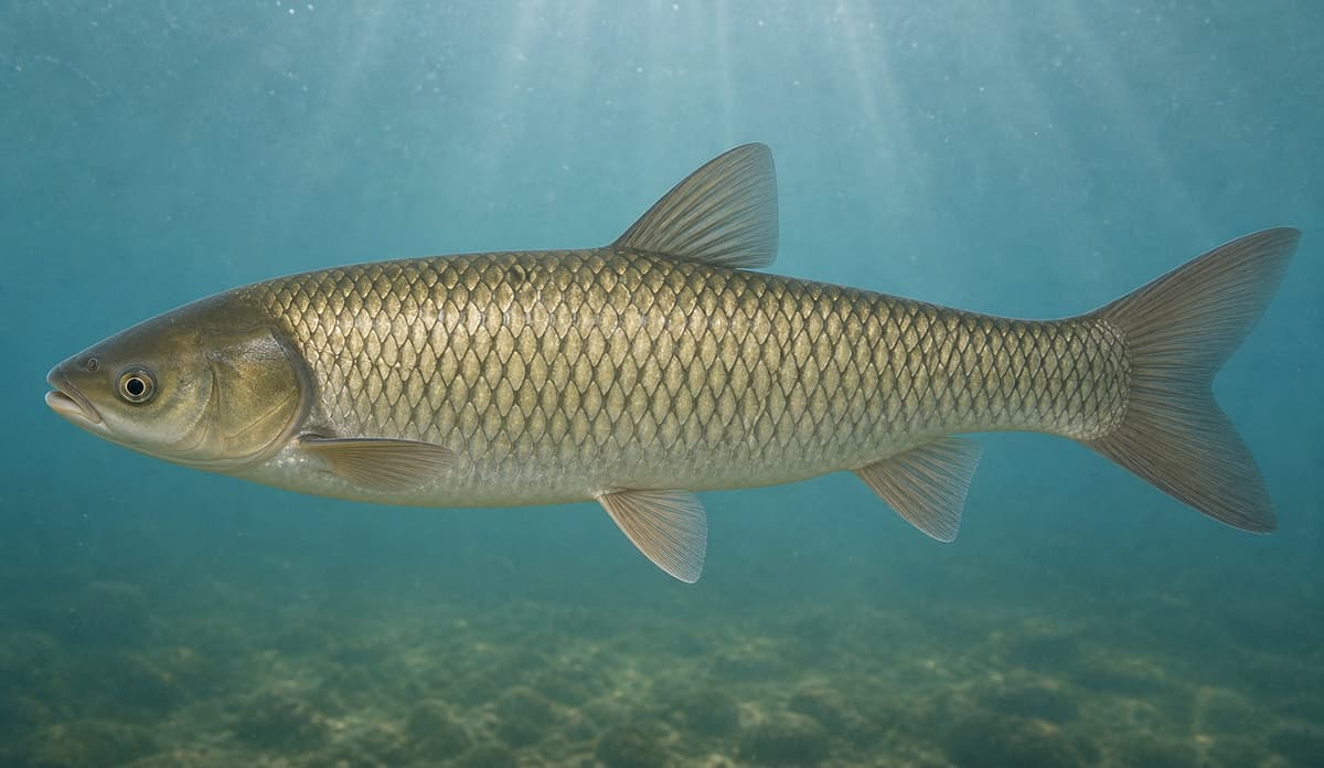 Poisson amour blanc vu de profil dans une eau claire, montrant son corps allongé, ses grandes écailles et sa bouche terminale.
