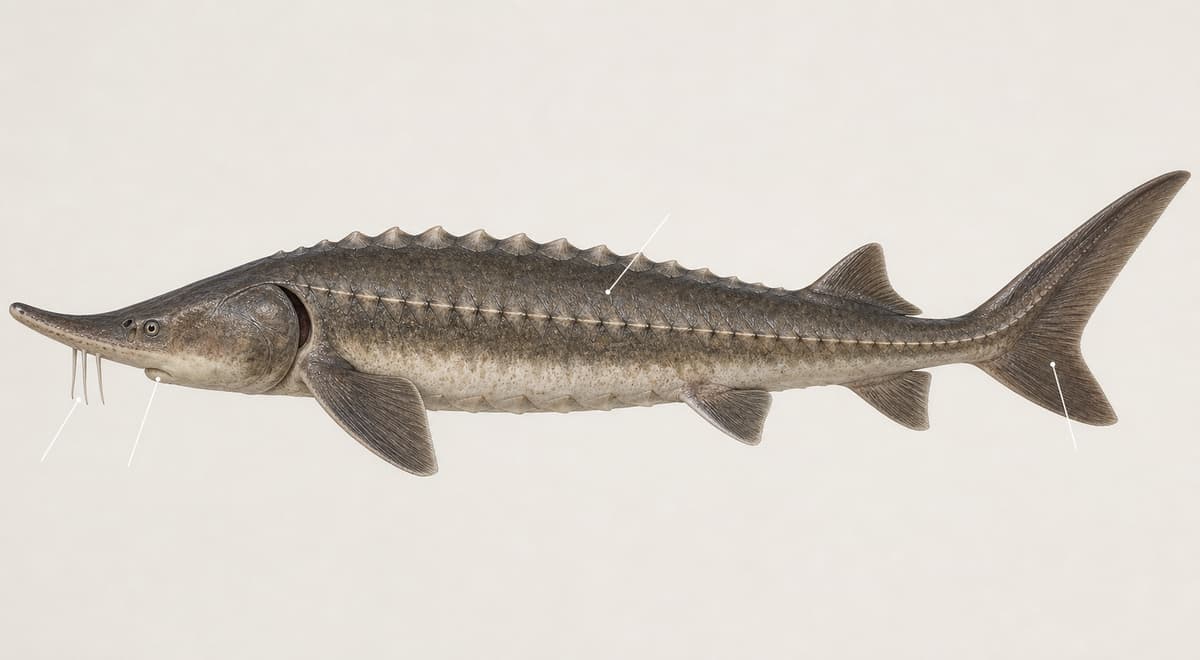 Illustration scientifique de profil d’un esturgeon avec des lignes indicatrices discrètes pointant sa bouche ventrale, ses barbillons, ses rangées de plaques osseuses et sa queue asymétrique.
