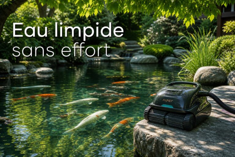 Bassin de jardin serein avec eau limpide, carpes koï nageant, aspirateur moderne sur le bord, lumière du soleil filtrée par les feuilles, et texte superposé 'Eau limpide sans effort'.