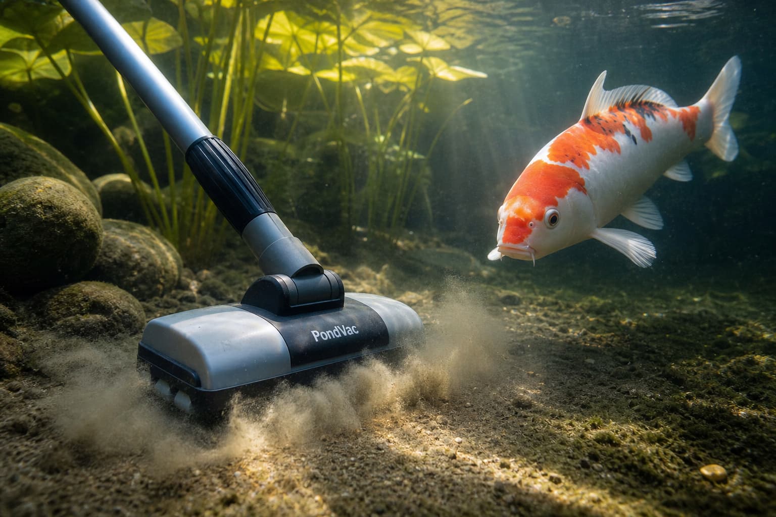 Gros plan sous-marin d’une tête d’aspirateur de bassin soulevant un nuage de sédiment, avec un poisson koï curieux nageant à côté, sous une lumière naturelle tamisée.