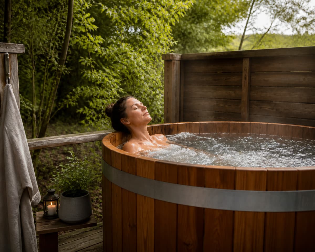Adulte détendu dans un bain à remous en bois avec de l