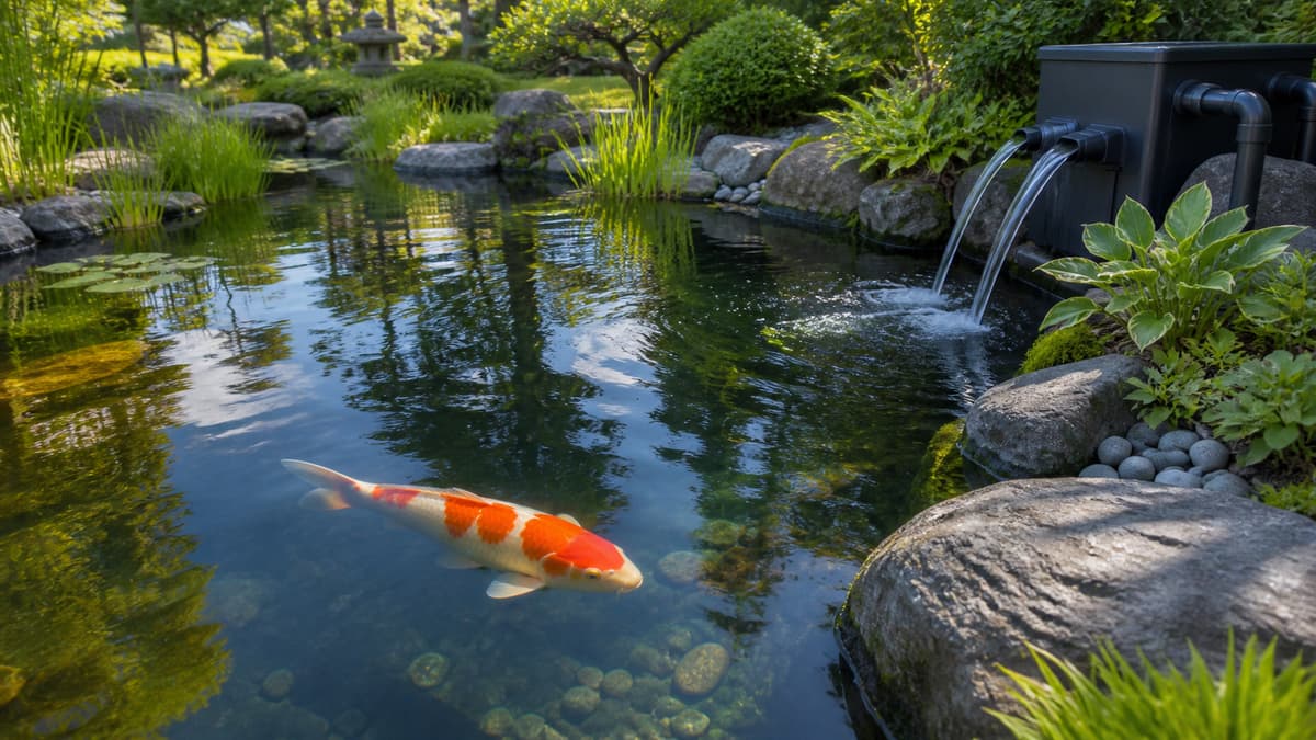Bassin de jardin avec une carpe koï nageant dans une eau claire et un système de filtration visible sur le bord.