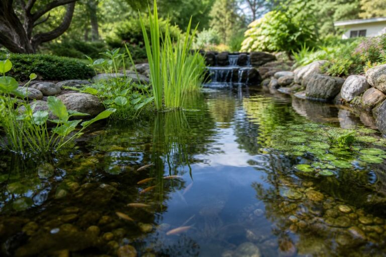 Bassin de jardin extérieur au printemps avec de petits poissons près de la surface et des plantes aquatiques, entouré d’un jardin propre.