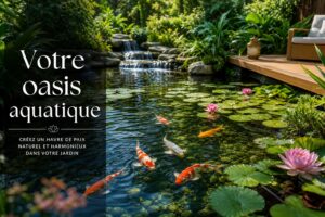 Bassin de jardin avec eau cristalline, nénuphars roses, poissons koï orange et blanc, plantes luxuriantes, ponton en bois et cascade, avec texte superposé 'Votre oasis aquatique' sur fond sombre semi-transparent.
