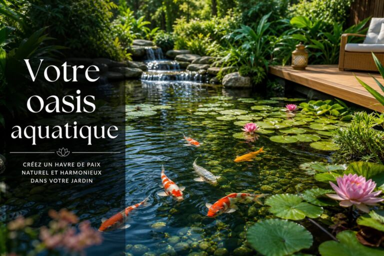 Bassin de jardin avec eau cristalline, nénuphars roses, poissons koï orange et blanc, plantes luxuriantes, ponton en bois et cascade, avec texte superposé 'Votre oasis aquatique' sur fond sombre semi-transparent.