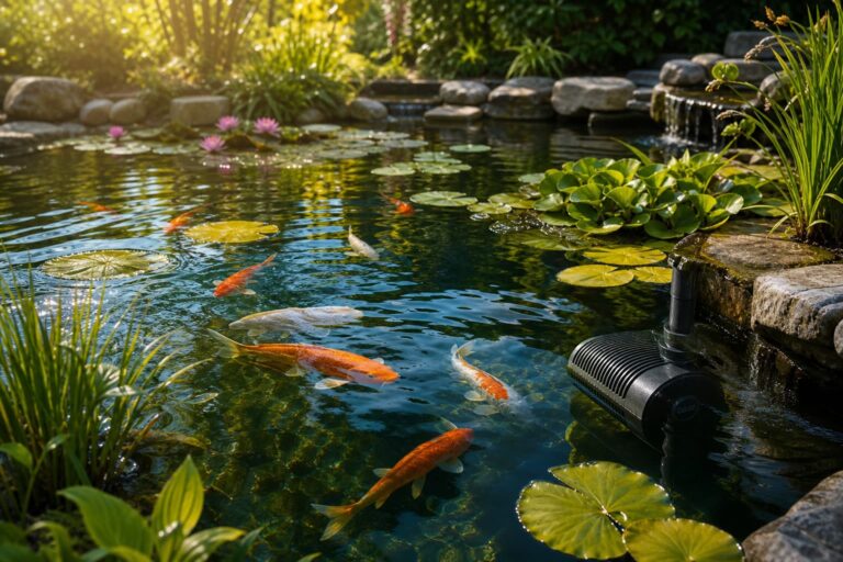 Poissons koï nageant dans un bassin de jardin serein, avec une pompe de bassin moderne en partie visible sous l'eau, des rayons de soleil traversant les plantes aquatiques, une eau cristalline et une végétation luxuriante.