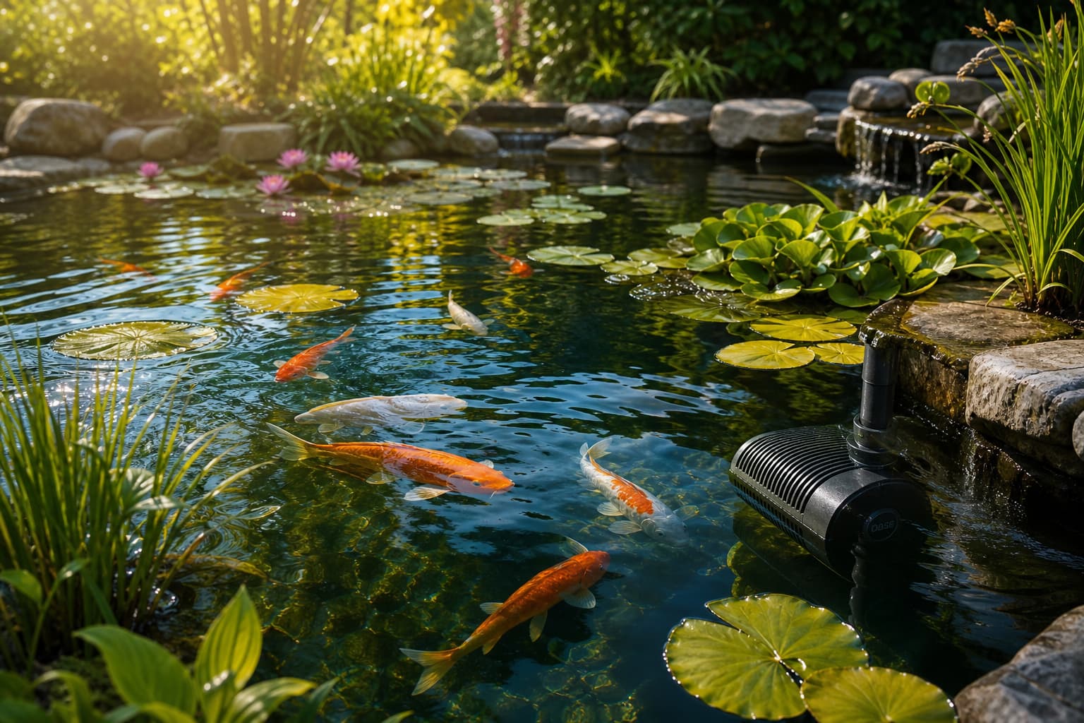Poissons koï nageant dans un bassin de jardin serein, avec une pompe de bassin moderne en partie visible sous l